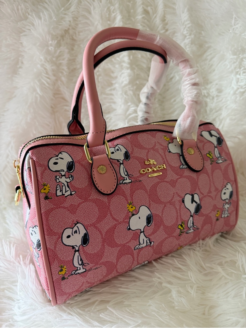 Fashion bag!!Pink Snoopy Print Satchel Bag with Crossbody Strap & Cherry Charm - Picture 12 of 12